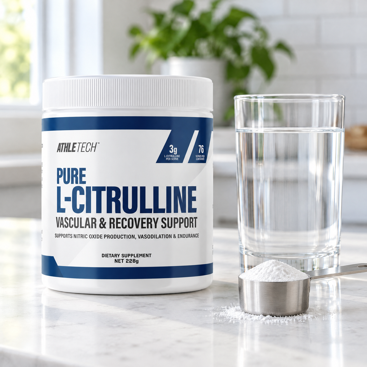 Athletech Pure L-Citrulline on a kitchen bench with a glass of water and a level scoop of powder