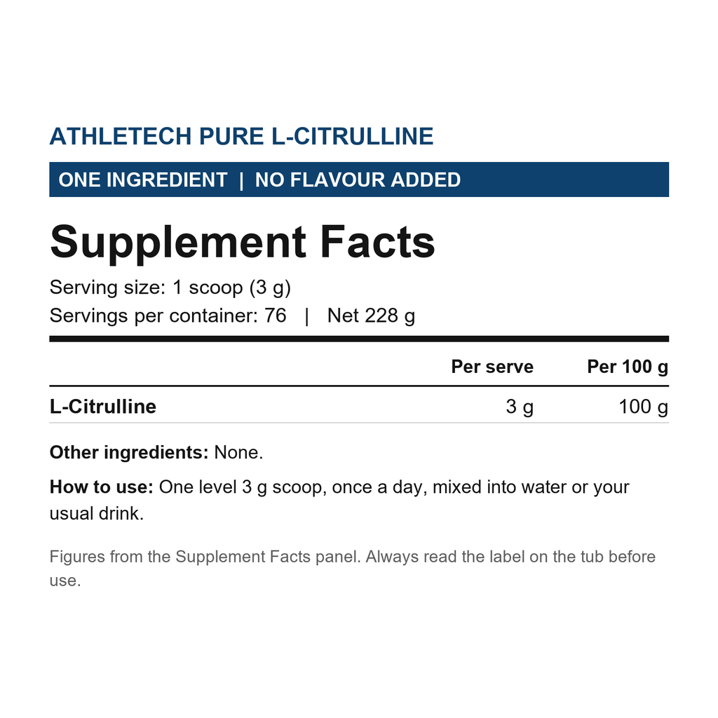 Athletech L-Citrulline Supplement Facts - 3g L-Citrulline per scoop, 76 servings, no other ingredients