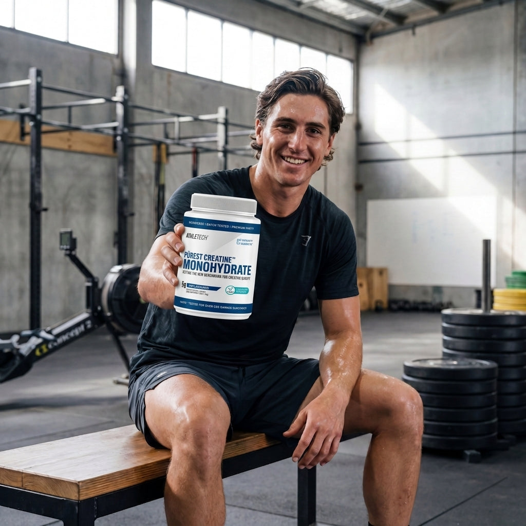 Athlete holding Athletech Purest Creatine 1kg in the gym