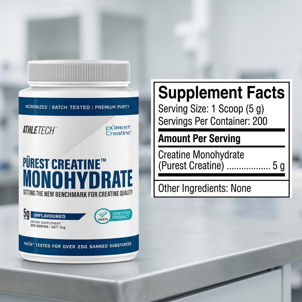 Athletech Purest Creatine 1kg supplement facts - 200 servings
