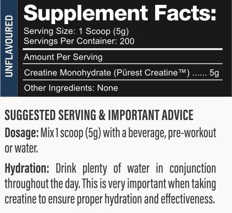 Pürest Creatine 1kg nutrition information panel