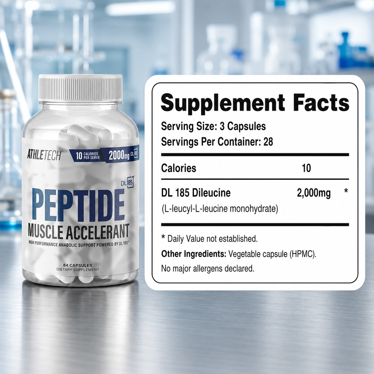 DL185 supplement facts - 2000mg dileucine, 28 servings