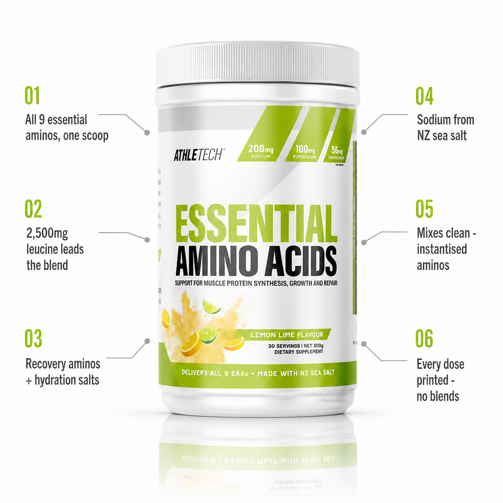 Essential Amino Acids benefits - all 9 EAAs, 2500mg leucine, sodium from NZ sea salt