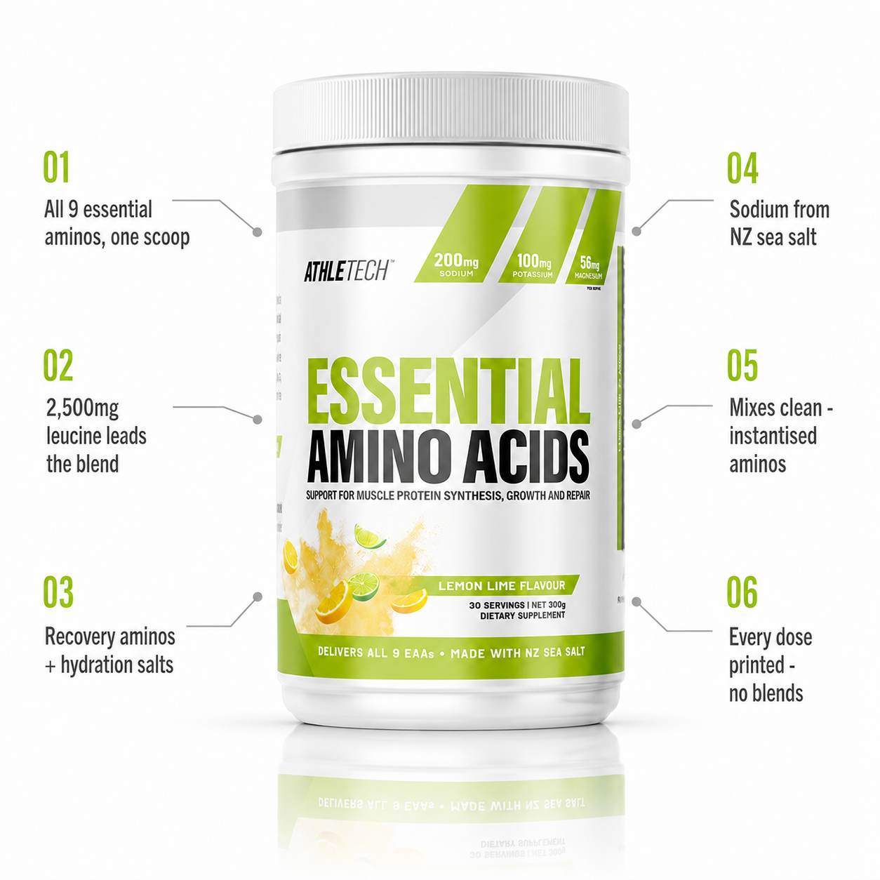 Essential Amino Acids benefits - all 9 EAAs, 2500mg leucine, sodium from NZ sea salt