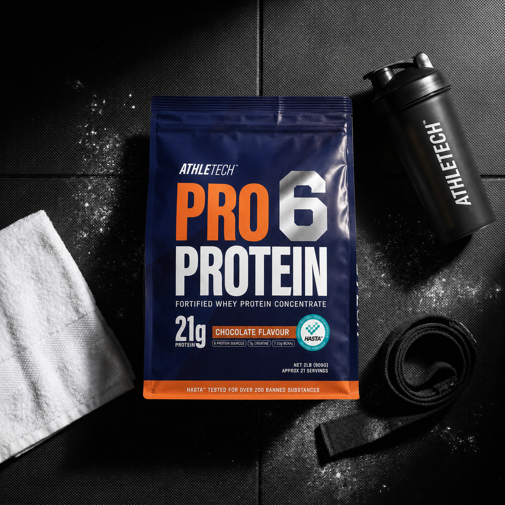 Pro 6 Whey 2lb flat-lay on gym floor