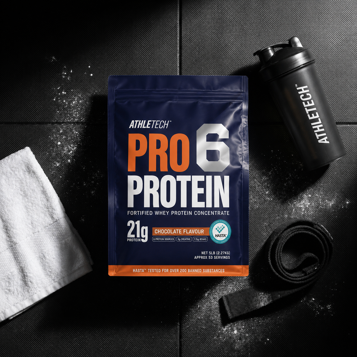 Pro 6 Whey 5lb flat-lay on gym floor