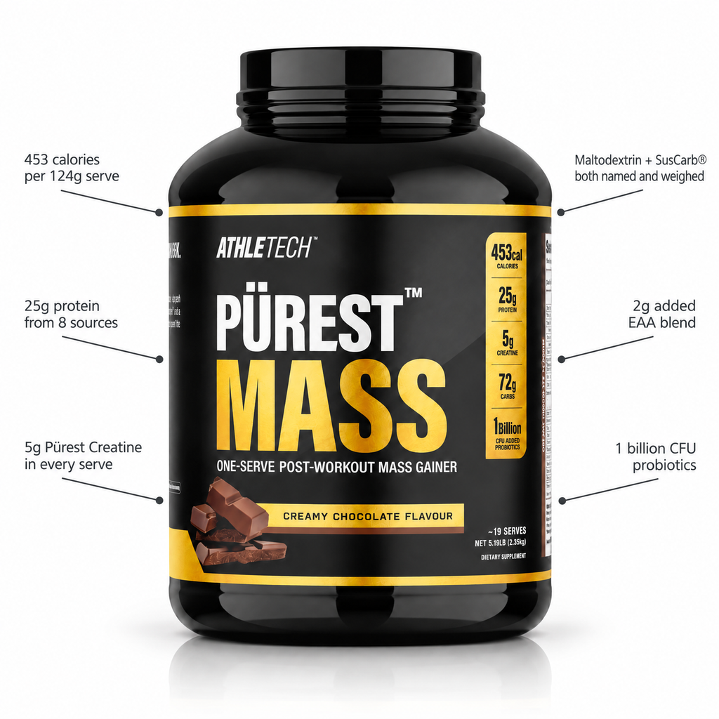 What's in a 124g serve of Pürest Mass - 453 calories, 25g protein, 5g creatine, 45g maltodextrin and 19.1g SusCarb, 2g EAAs, 1 billion CFU probiotics