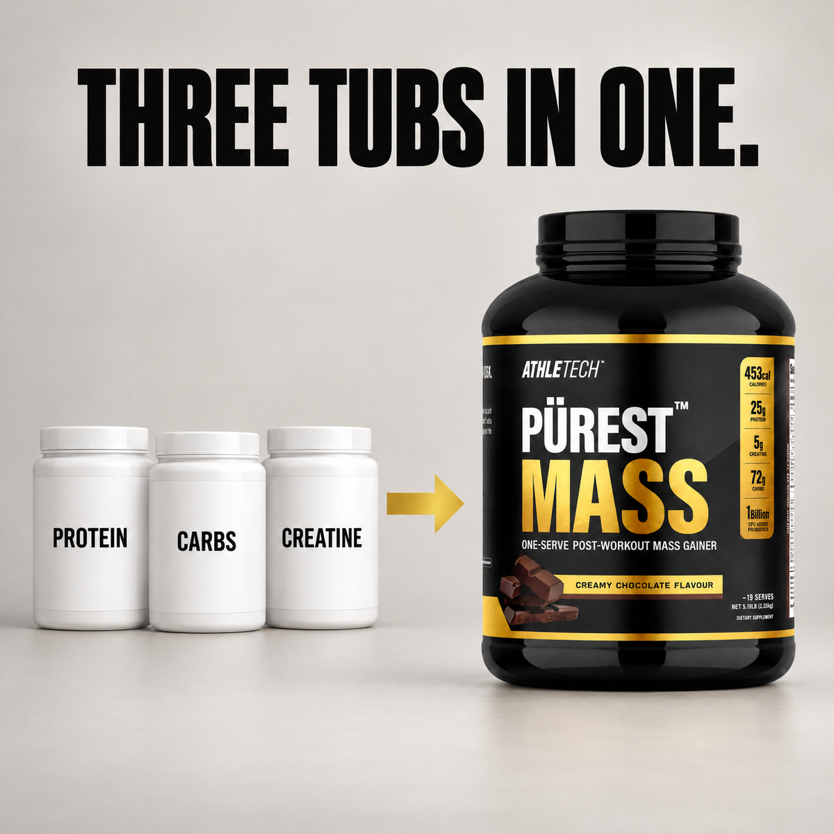 Three tubs in one - protein, carbs and creatine in one Pürest Mass serve