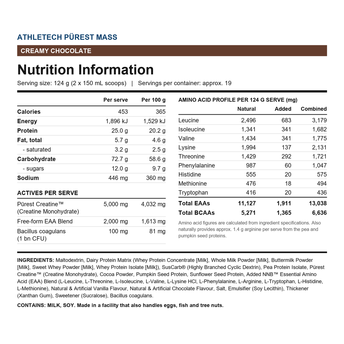 Pürest Mass nutrition information - Creamy Chocolate panel